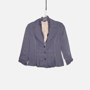 Jesire Purple Blazer Jacket w/ Removable Ruffle Trim Pleated Hem Women’s Size 6